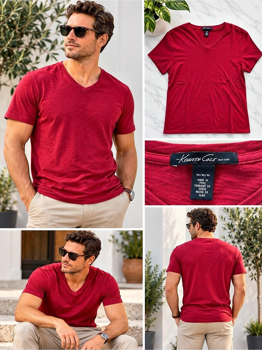 KENNETH COLE - Men's Red Cotton V-Neck Tee Size Medium
